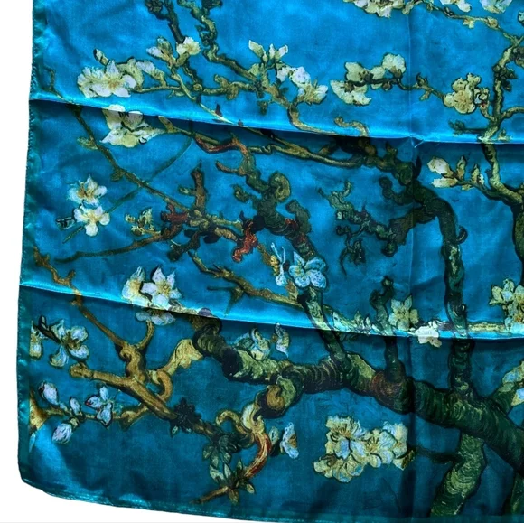 💖 Oversized boho satin blue Floral print print hair neck scarf whimsical - Picture 4 of 15